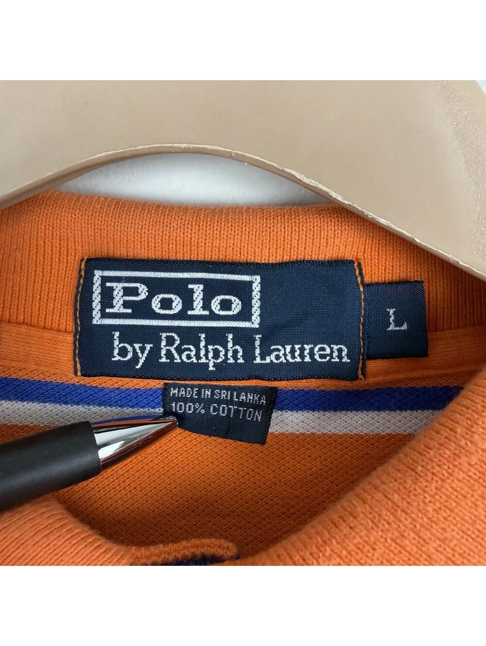 Polo Ralph Lauren Shirt Mens Large Orange Blue White Striped Short Sleeve Vtg L